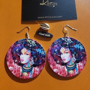 African Women Funky Wooden Painted Earrings Eth